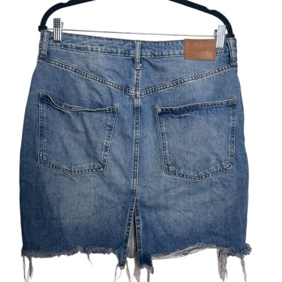 &Denim Raw Hem Distressed Blue Jean Skirt Size 14 | Grunge Y2K High Rise Midi Sk - Picture 2 of 2
